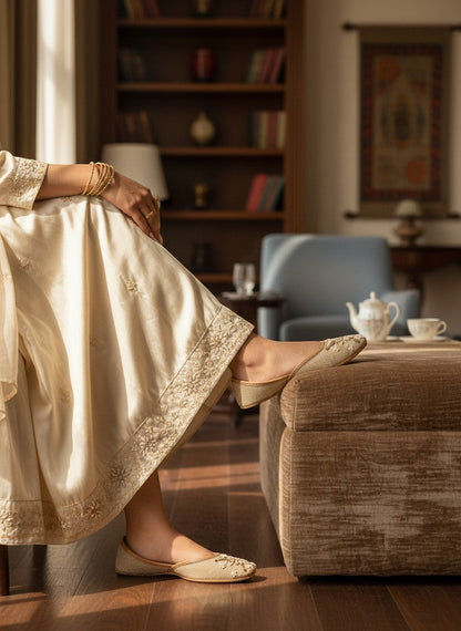 Ujaala Ghazal sand beige jutti with intricate ivory and bronze beadwork and a central gemstone accent.