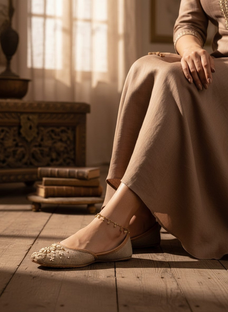 Ujaala Ghazal sand beige jutti with intricate ivory and bronze beadwork and a central gemstone accent.