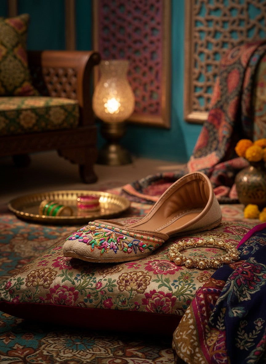 Ujaala Sartaj beige jutti with colorful floral bead embroidery and sequin accents.