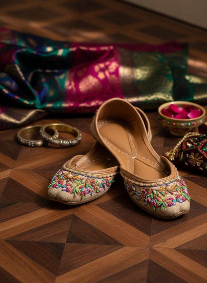 Ujaala Sartaj beige jutti with colorful floral bead embroidery and sequin details.