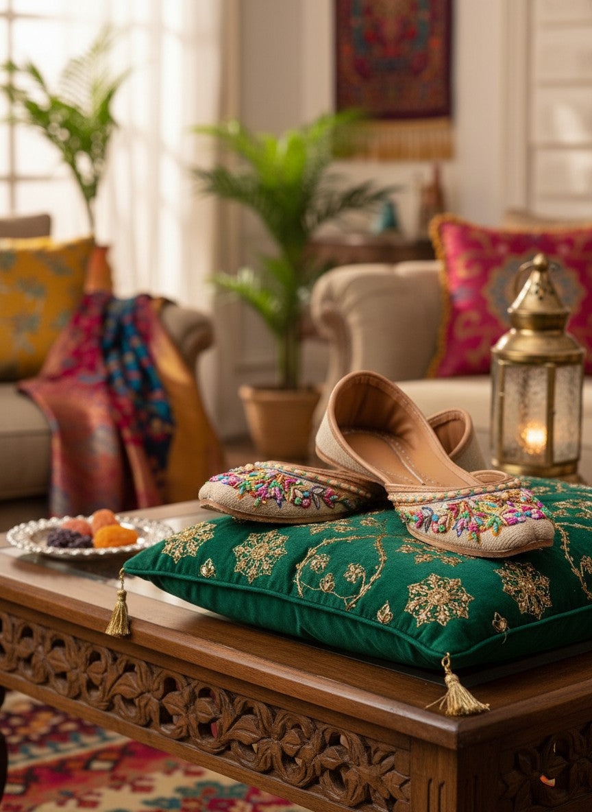 Ujaala Sartaj beige jutti with colorful embroidered floral pattern and bead trim. Handcrafted.