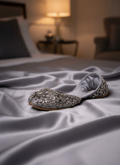 Ujaala Noorjahan silver embellished jutti flats with intricate beadwork and crystal details.