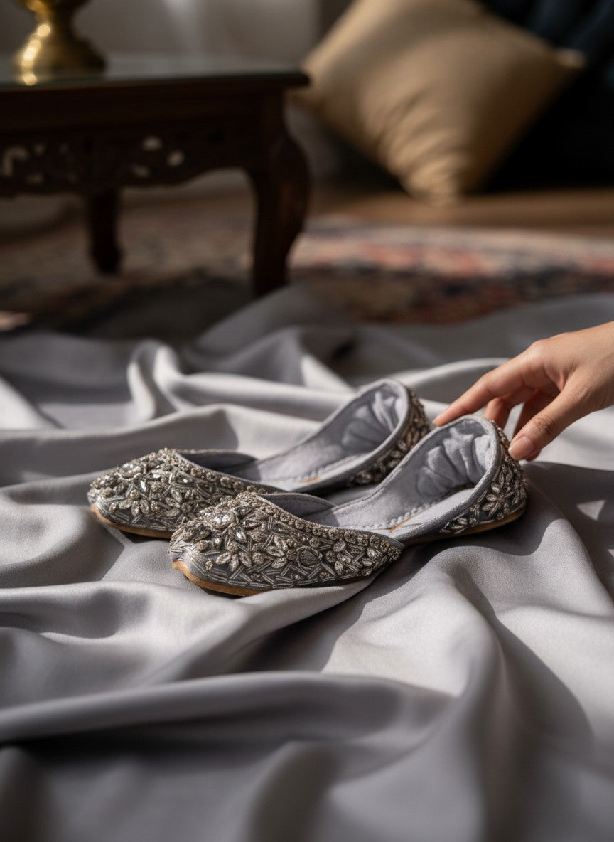 Ujaala Noorjahan silver embellished jutti flats with intricate beadwork and crystals.
