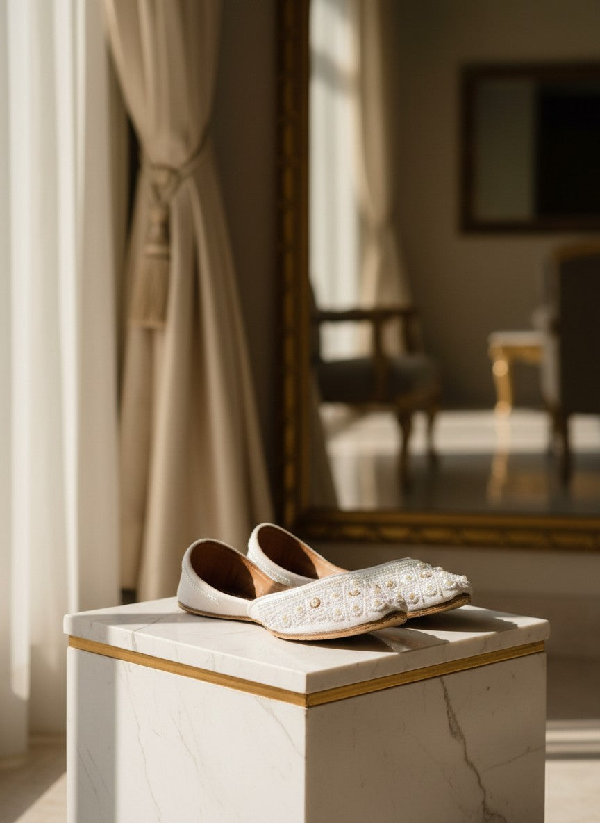 Ujaala Nayaab white jutti embellished with pearls and intricate beadwork, perfect for traditional outfits.
