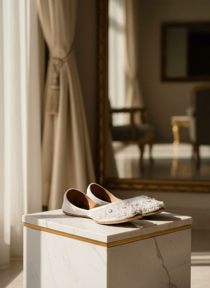 Ujaala Nayaab white jutti embellished with pearls and intricate beadwork, perfect for traditional outfits.