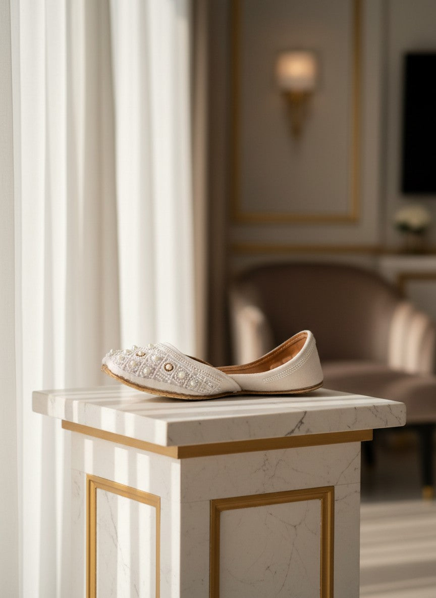 Ujaala Nayaab white jutti embellished with pearls and intricate beadwork, a traditional flat shoe for women.