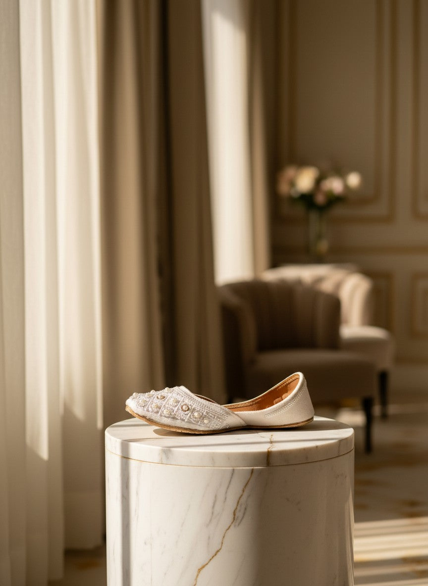 Ujaala Nayaab white jutti embellished with pearls and intricate beadwork, perfect for traditional outfits.